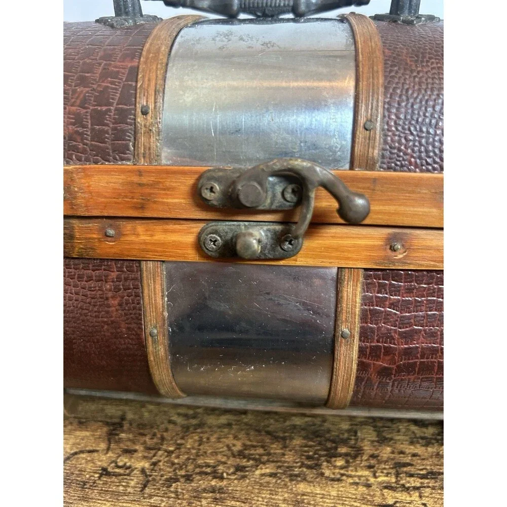 Vintage Treasure Chest Wooden Faux Croc Metal Accent Trinket Box Decorative